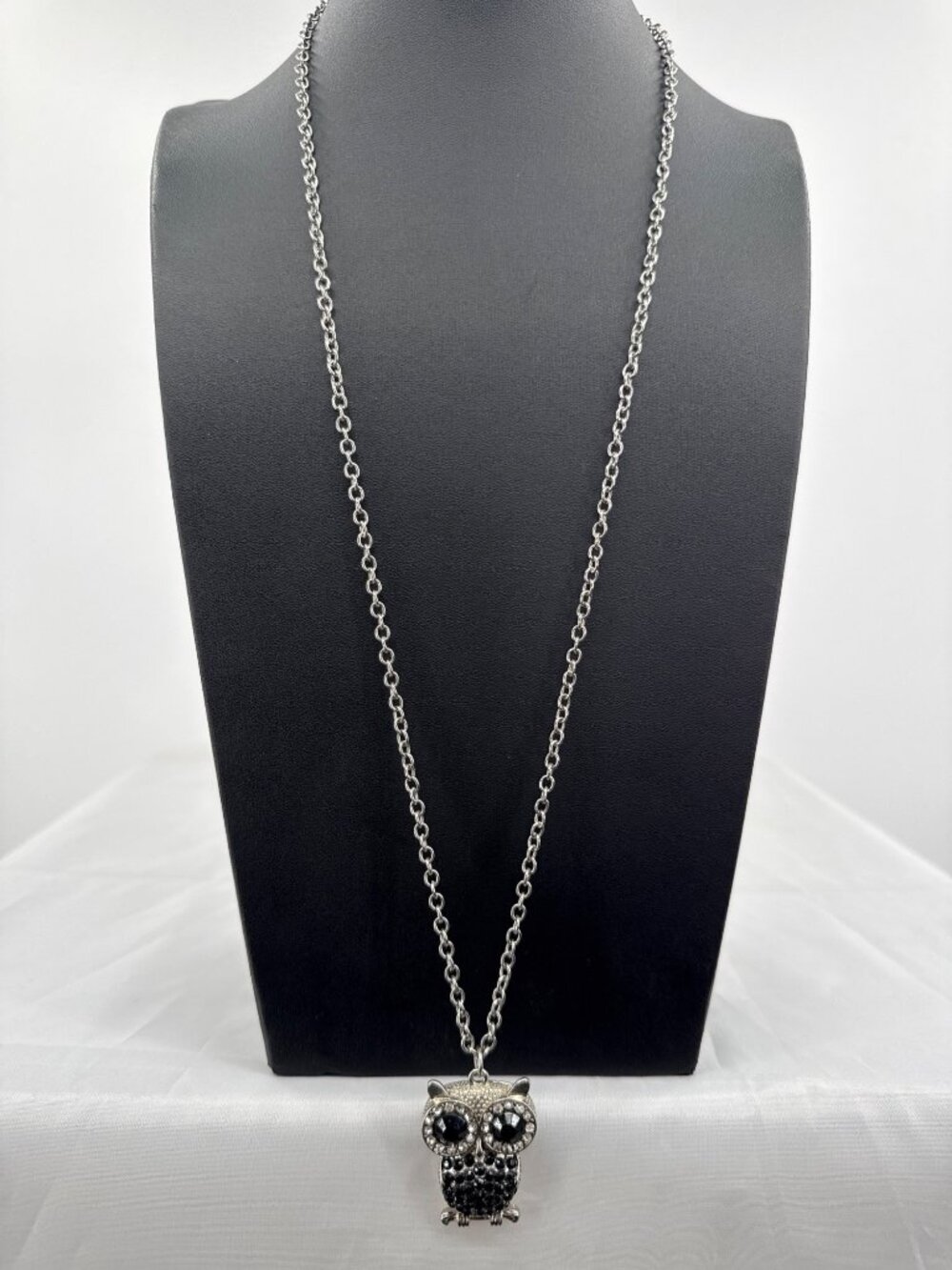 Vintage Silver Rhinestone Owl Pendant Necklace Black Crystal Eyes Whimsical